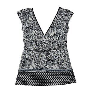 CNC Costume National Shirt Womens Small Black White Floral‎ Y2K V Neck Tunic Top